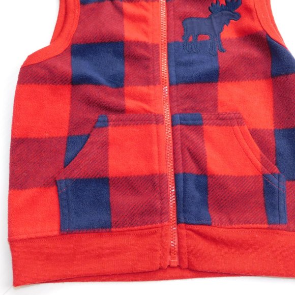 Boys 12-18 Months Red Blue Plaid Fleece Full Zip Vest with moose - Picture 4 of 6